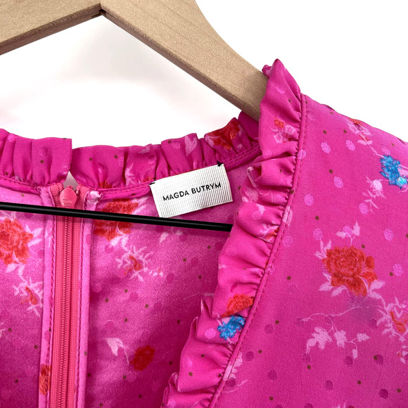 MAGDA BUTRYM Carlton Dress Ruched Mini Dress Hot Pink Silk Ruffles Floral Print - Picture 11 of 16